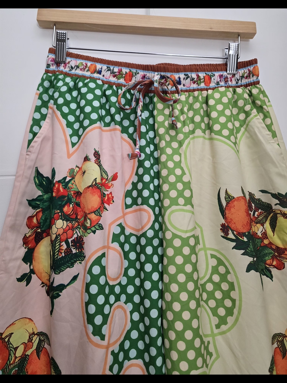 Vibrant Fruit Print Wide Leg Pants Women Size M Polka Dot Mixed Pattern Colorful - Picture 2 of 10